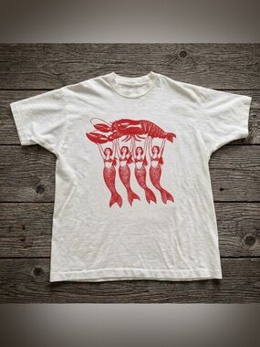 Mermaids Holding Lobster Four Red Fish White Cottage Core Graphic T-Shirt